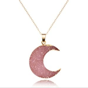 Faux Pink Druzy Moon-shaped, gold plated necklace
